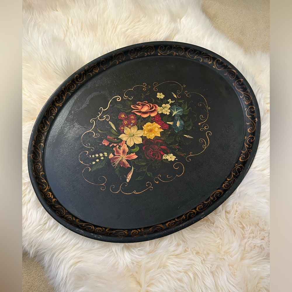 Vintage Antique Extra Large Black Tole Tray Hand Painted and Signed from 1800’s